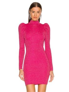 Alice + Olivia Hot Pink Puff-Sleeve Mock Neck Mini Dress